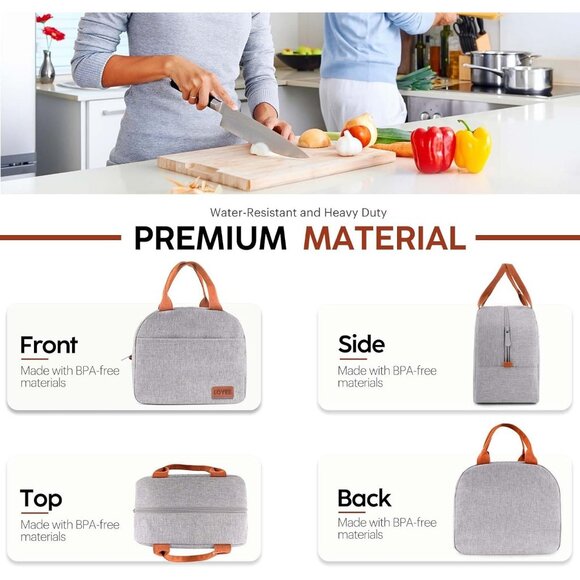 Large Insulated Lunch Bag for Women & Men, Leakproof Reusable Tote (Grey) - Picture 5 of 7